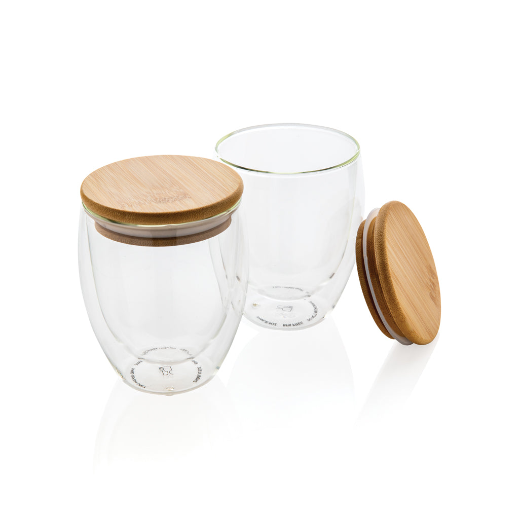 Glazenset dubbelwandig 250ml met bamboe om te personaliseren - Transparant